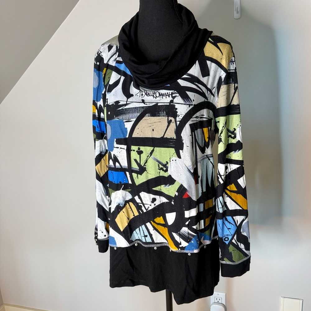 DOLCEZZA SIMPLY ART Long Sleeve Cowl Neck Top Art To Wear Studs Abstract Large - Picture 2 of 9